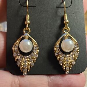 Gold and Pearl Crystal Accent Earrings